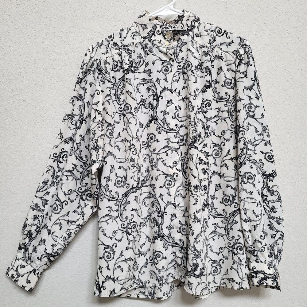 Evan Picone Vintage Blouse Size 12  Black Baroque Scroll Long Sleeve High Neck